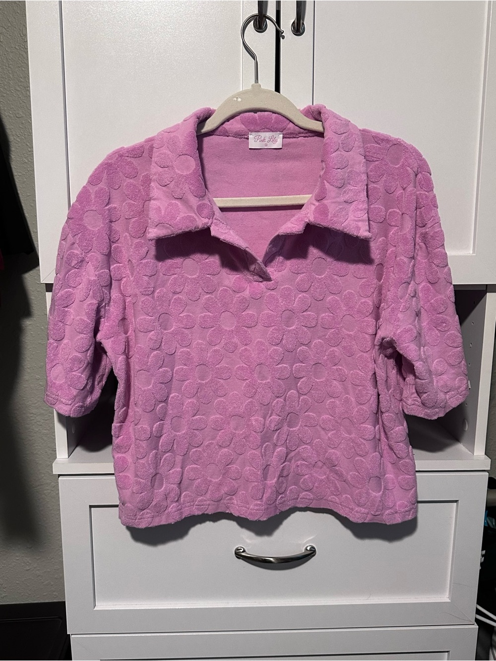 Pink Lily Purple Terry Floral Textured Polo Top Size Medium